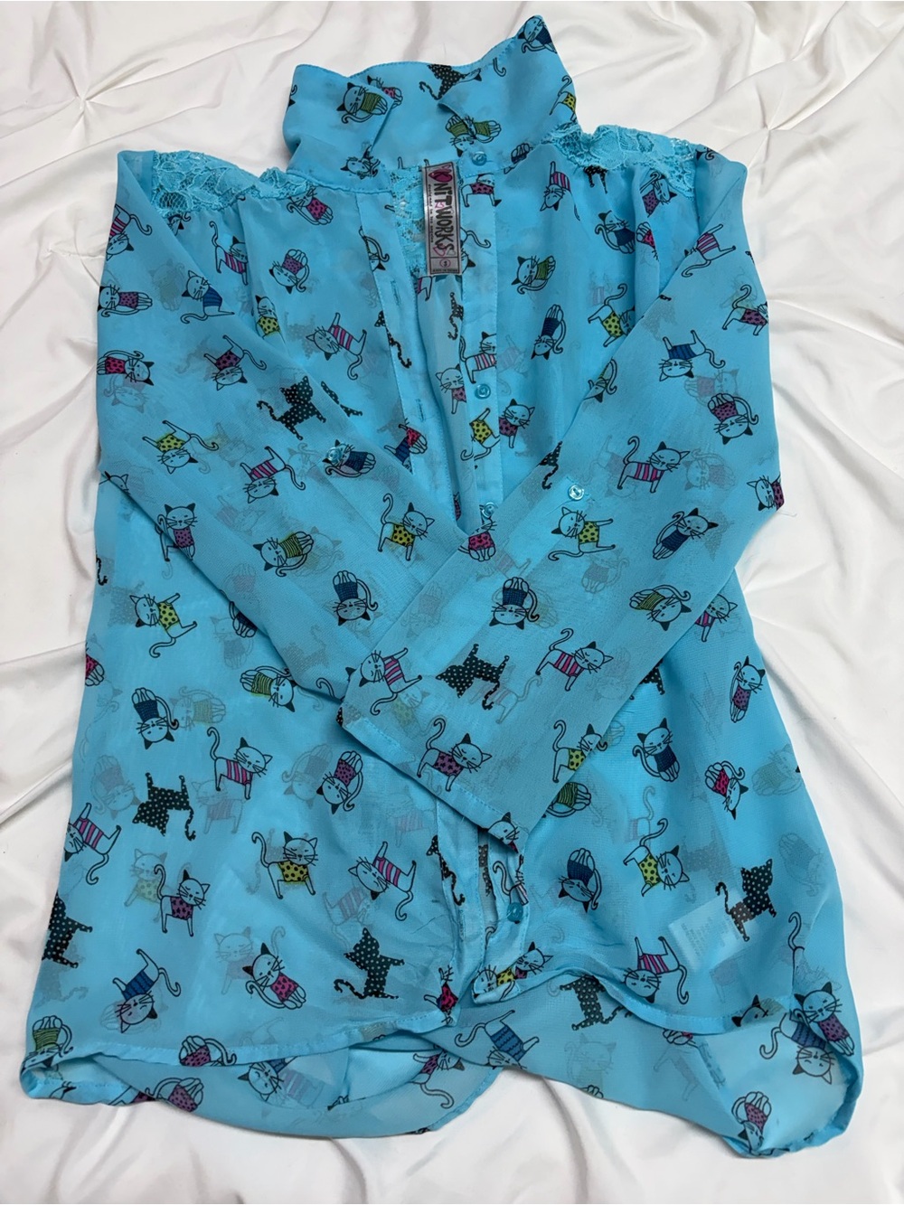 Y2K Sheer Cat Print Blouse Lace Back Button Up S